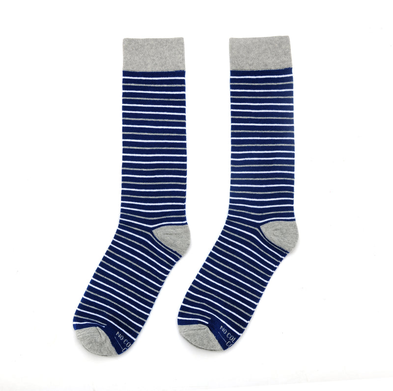Navy, White, and Grey Striped Socks
